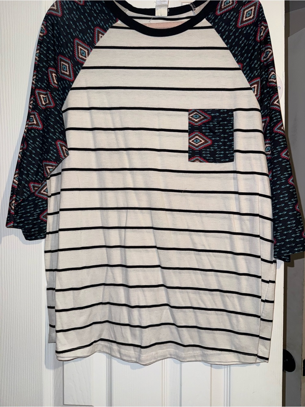 Striped Raglan Pocket Blouse with Aztec-Print Sleeves - White/Black